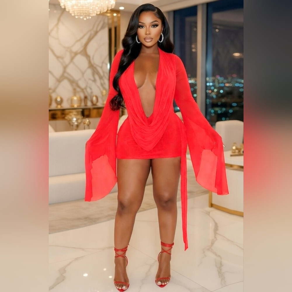 Camelle Stunning Deep Plunge Cowl Neck Mesh Mini Dress With Bell Sleeve